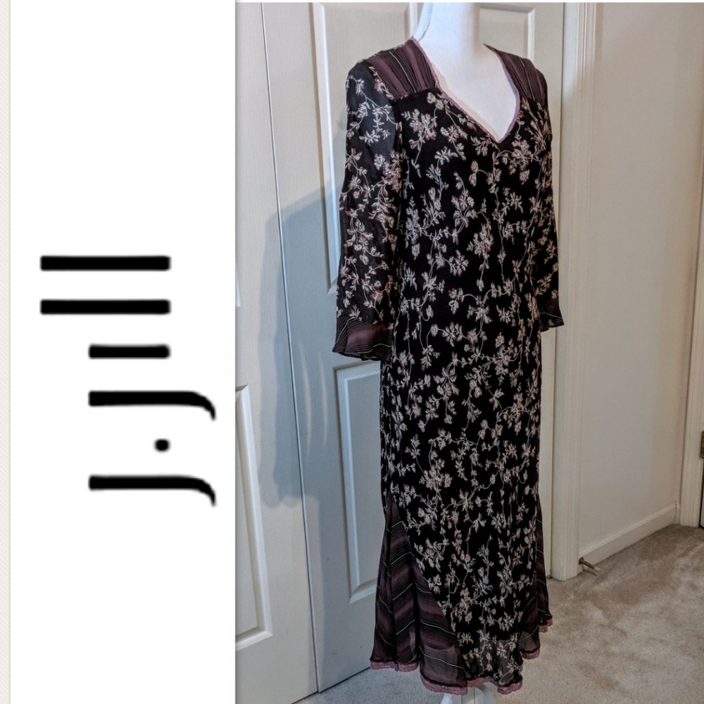 J Jill Dress Tan Brown Mauve floral design Size 10